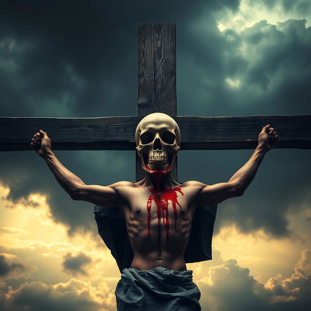 A striking and surreal depiction of a man on a wooden cross, his body positioned dramatically in a crucified pose