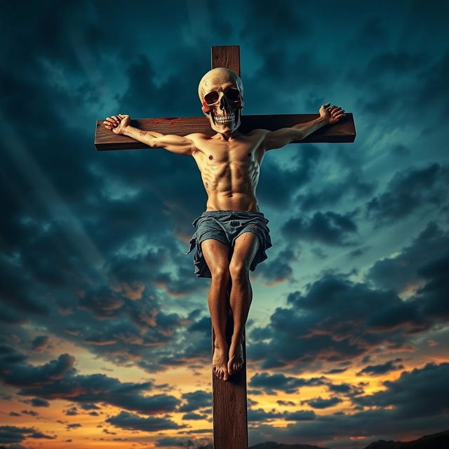 A vivid and surreal depiction of a man on a wooden cross, strikingly posed in a crucifixion stance