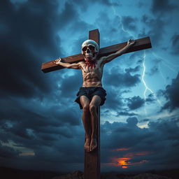 A vivid and surreal depiction of a man on a wooden cross, strikingly posed in a crucifixion stance