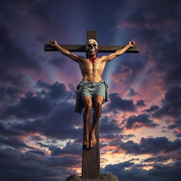 A vivid and surreal depiction of a man on a wooden cross, strikingly posed in a crucifixion stance