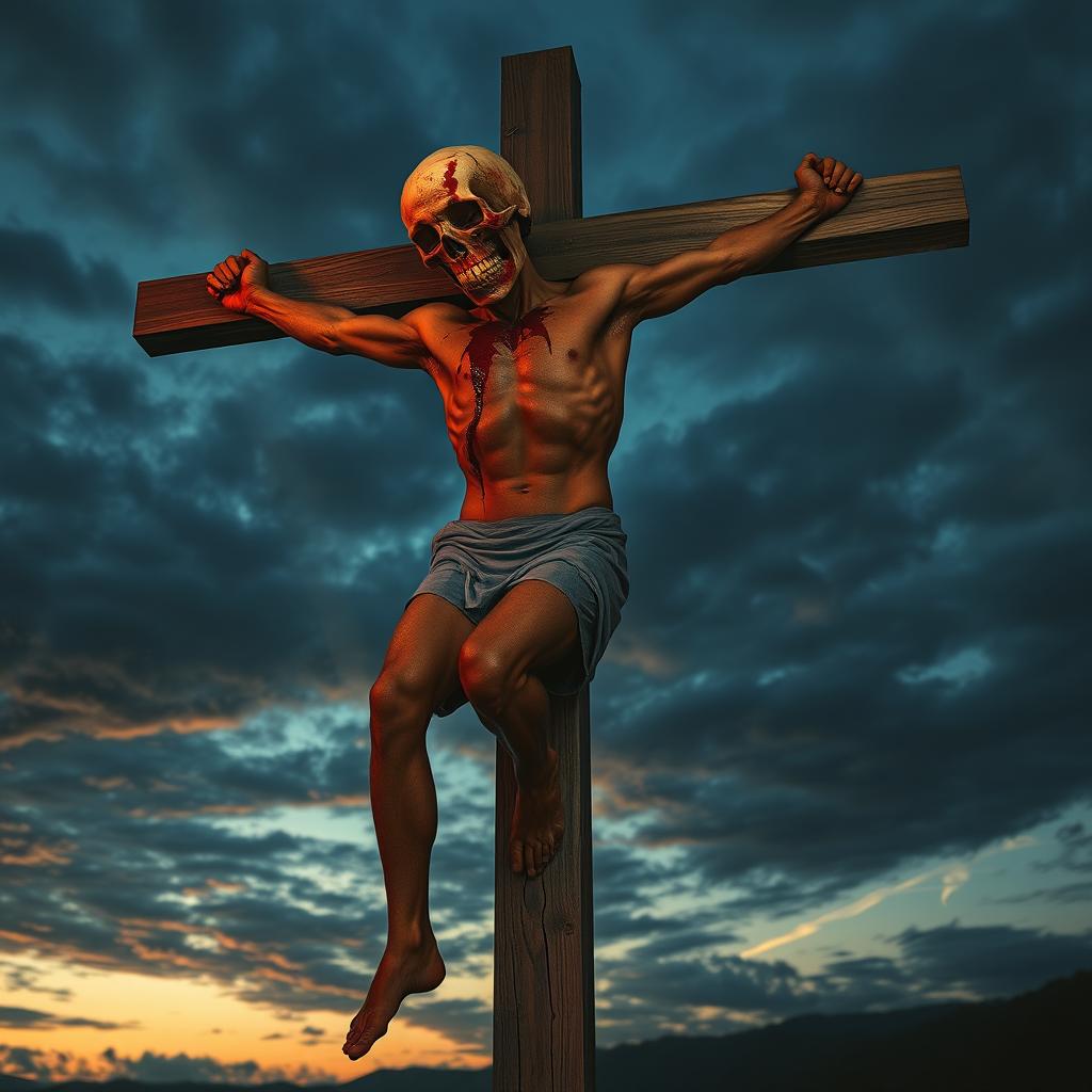 A vivid and surreal depiction of a man on a wooden cross, strikingly posed in a crucifixion stance
