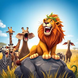 A humorous scene featuring a majestic lion laughing heartily in a vibrant savannah setting, surrounded by other animals looking surprised
