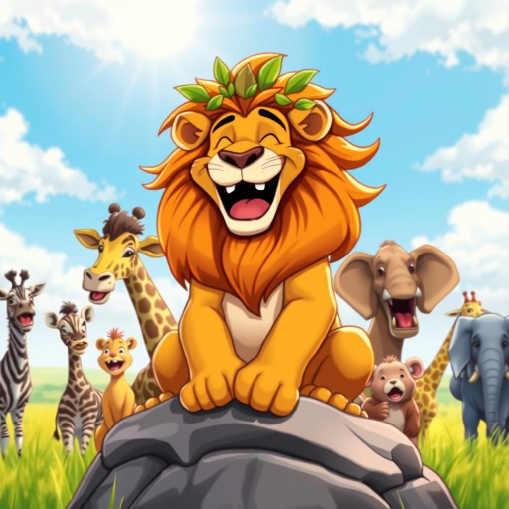 A humorous scene featuring a majestic lion laughing heartily in a vibrant savannah setting, surrounded by other animals looking surprised
