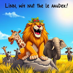 A humorous scene featuring a majestic lion laughing heartily in a vibrant savannah setting, surrounded by other animals looking surprised
