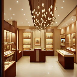 A 25 feet by 10 feet jewellery shop, showcasing sophisticated and elegant design elements.