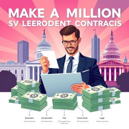 A sleek and modern business-focused graphic illustrating the concept of making a million by selling to government contracts