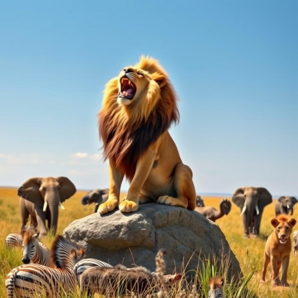 A majestic lion sitting confidently on a rock, laughing heartily