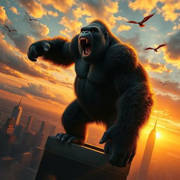 A majestic and towering King Kong standing on top of a skyscraper, roaring with great energy