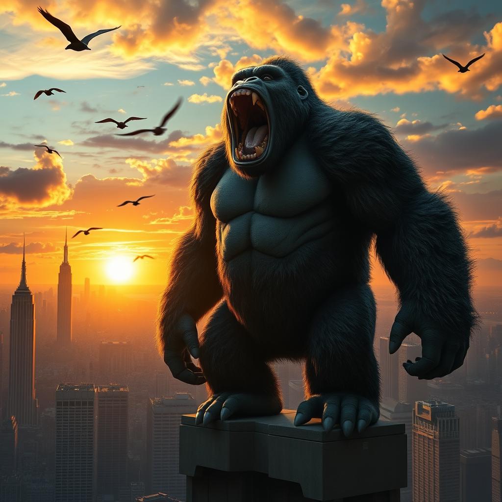 A majestic and towering King Kong standing on top of a skyscraper, roaring with great energy