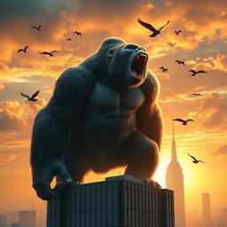 A majestic and towering King Kong standing on top of a skyscraper, roaring with great energy