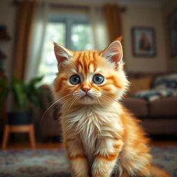 A cute and expressive yellow cat with big teary eyes, sitting in a cozy, warm living room