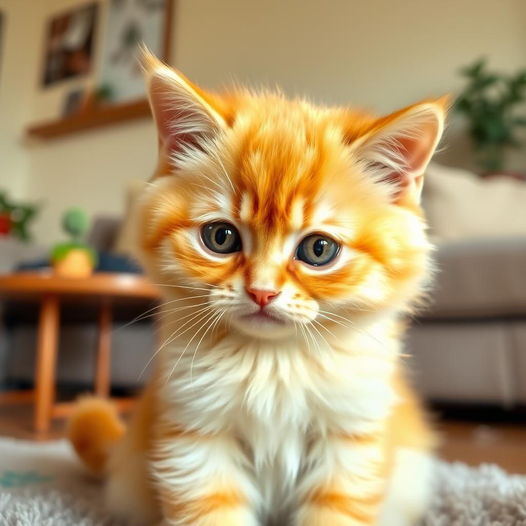A cute and expressive yellow cat with big teary eyes, sitting in a cozy, warm living room