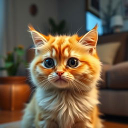 A cute and expressive yellow cat with big teary eyes, sitting in a cozy, warm living room