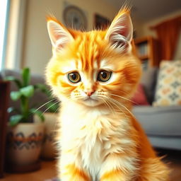 A cute and expressive yellow cat with big teary eyes, sitting in a cozy, warm living room