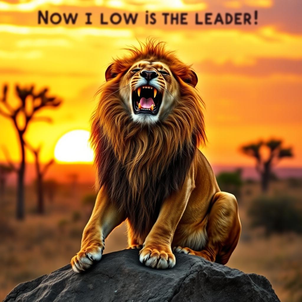 A majestic lion sitting on a rock, laughing joyfully, with a proud expression while declaring it is now the leader