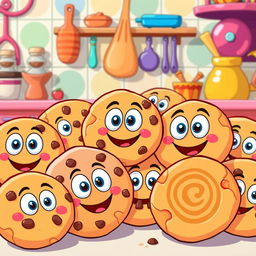 A whimsical cartoon-style illustration of colorful peanut butter cookies with cheerful, smiling faces, adorned with playful cartoon eyes and vivid vibrant colors