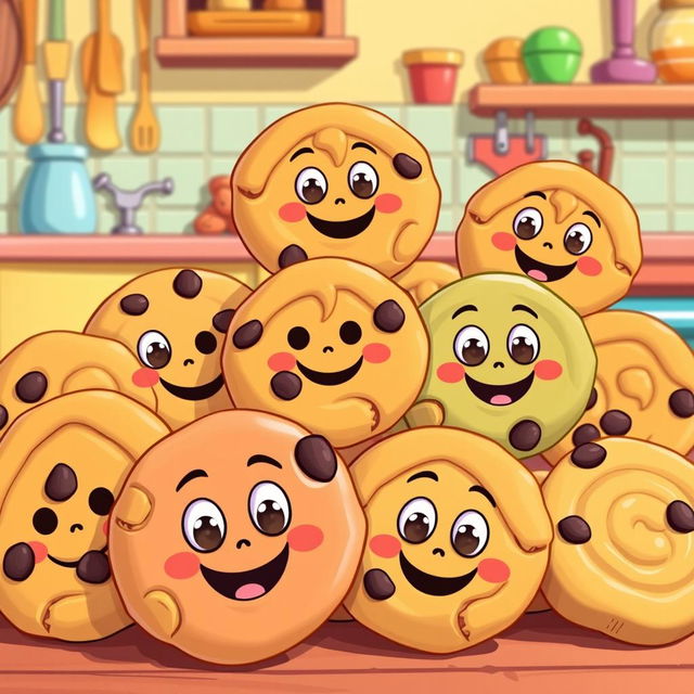A whimsical cartoon-style illustration of colorful peanut butter cookies with cheerful, smiling faces, adorned with playful cartoon eyes and vivid vibrant colors