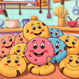 A whimsical cartoon-style illustration of colorful peanut butter cookies with cheerful, smiling faces, adorned with playful cartoon eyes and vivid vibrant colors