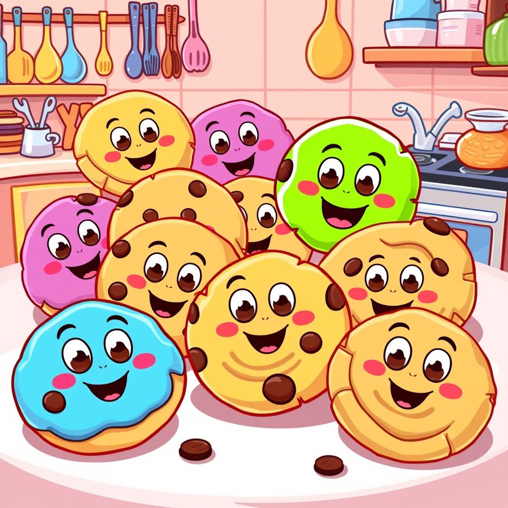 A whimsical cartoon-style illustration of colorful peanut butter cookies with cheerful, smiling faces, adorned with playful cartoon eyes and vivid vibrant colors
