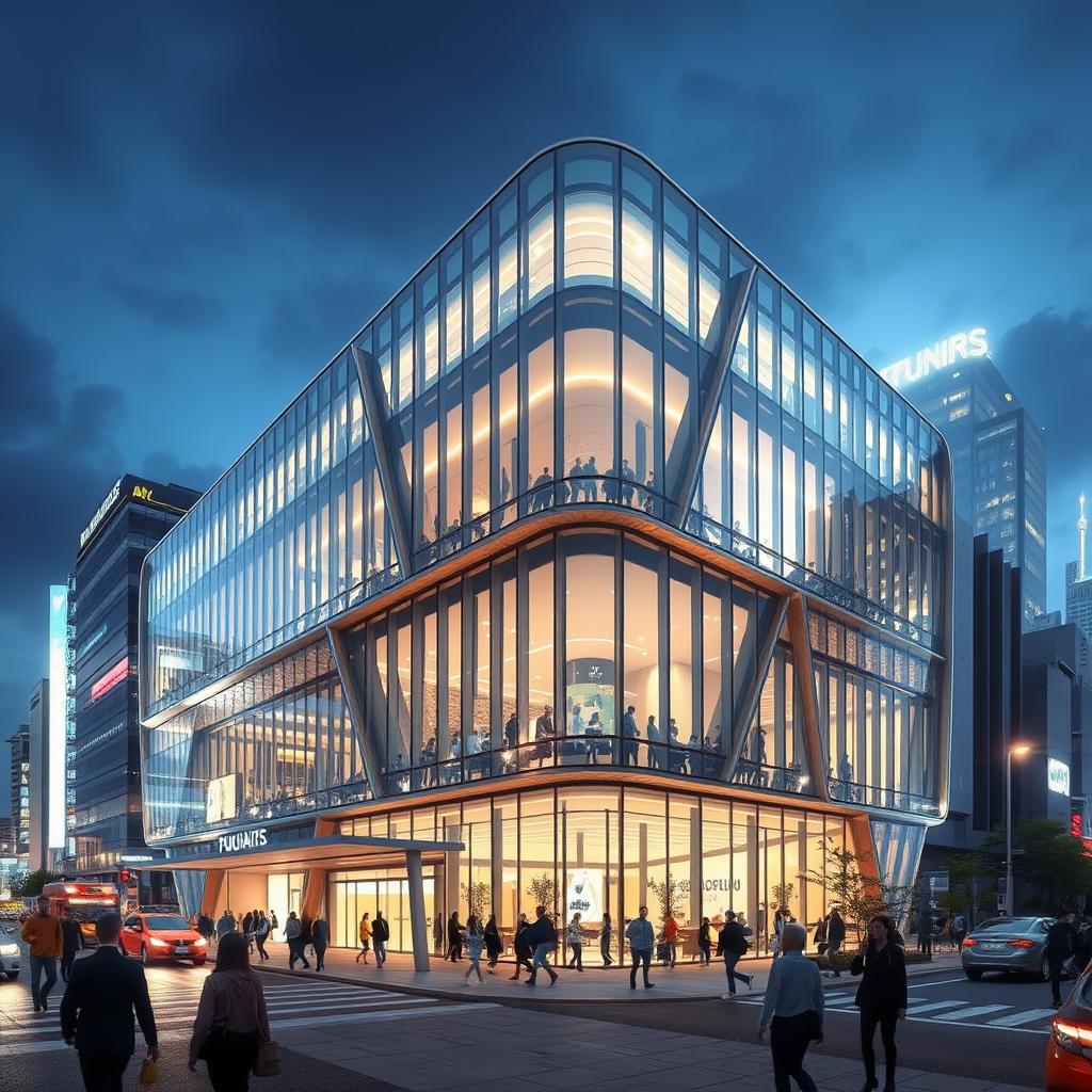 A futuristic modern building with a glass facade and metal frames, situated in a bustling city at night