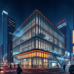 A futuristic modern building with a glass facade and metal frames, situated in a bustling city at night