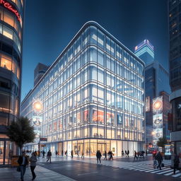 A futuristic modern building with a glass facade and metal frames, situated in a bustling city at night