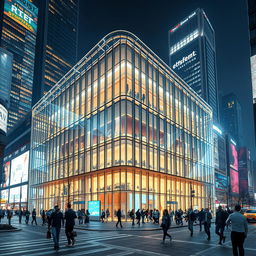 A futuristic modern building with a glass facade and metal frames, situated in a bustling city at night