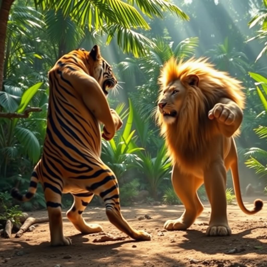 A fierce competition between a majestic tiger and a powerful lion, showcasing their incredible strength