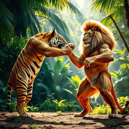 A fierce competition between a majestic tiger and a powerful lion, showcasing their incredible strength