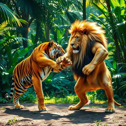 A fierce competition between a majestic tiger and a powerful lion, showcasing their incredible strength