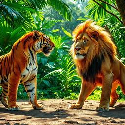 A fierce competition between a majestic tiger and a powerful lion, showcasing their incredible strength