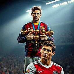 A dramatic scene featuring Lionel Messi standing confidently with an impressive display of 9 Ballon d'Or trophies in his hands, showcasing his achievements