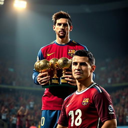 A dramatic scene featuring Lionel Messi standing confidently with an impressive display of 9 Ballon d'Or trophies in his hands, showcasing his achievements