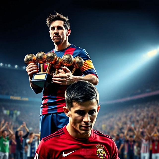 A dramatic scene featuring Lionel Messi standing confidently with an impressive display of 9 Ballon d'Or trophies in his hands, showcasing his achievements