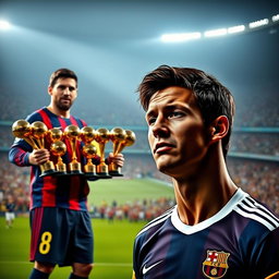 A dramatic scene featuring Lionel Messi standing confidently with an impressive display of 9 Ballon d'Or trophies in his hands, showcasing his achievements