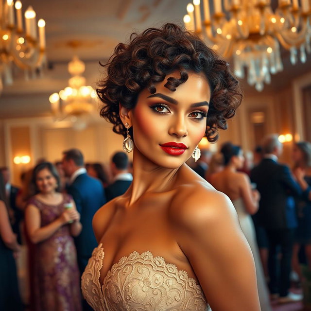 A stunning model with short curly hair, dressed in an elegant evening gown that features intricate lace detailing