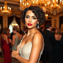 A stunning model with short curly hair, dressed in an elegant evening gown that features intricate lace detailing