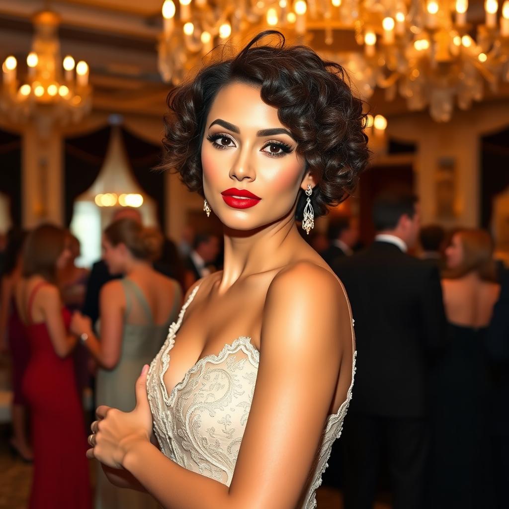 A stunning model with short curly hair, dressed in an elegant evening gown that features intricate lace detailing