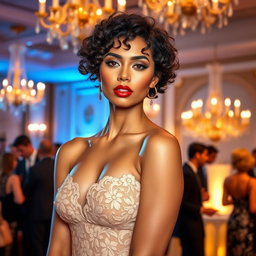 A stunning model with short curly hair, dressed in an elegant evening gown that features intricate lace detailing