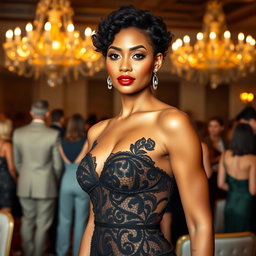 A stunning model with short curly hair, dressed in an elegant evening gown that features intricate lace detailing