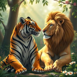 A heartwarming scene featuring a majestic tiger and a regal lion sitting side by side in a serene environment, surrounded by lush greenery in a tranquil jungle setting