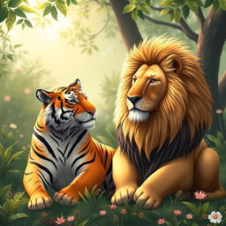 A heartwarming scene featuring a majestic tiger and a regal lion sitting side by side in a serene environment, surrounded by lush greenery in a tranquil jungle setting