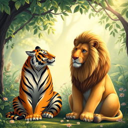 A heartwarming scene featuring a majestic tiger and a regal lion sitting side by side in a serene environment, surrounded by lush greenery in a tranquil jungle setting