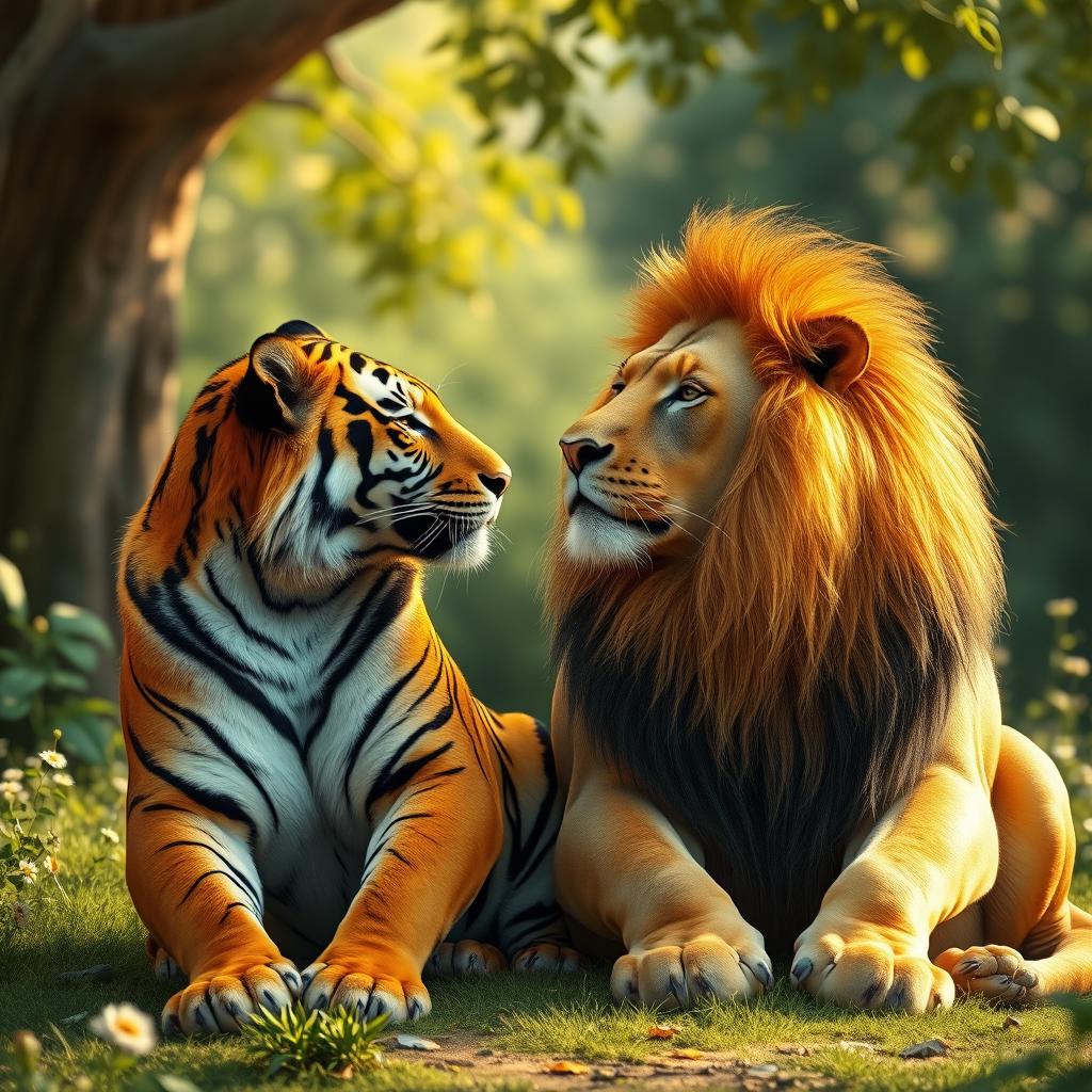A heartwarming scene featuring a majestic tiger and a regal lion sitting side by side in a serene environment, surrounded by lush greenery in a tranquil jungle setting