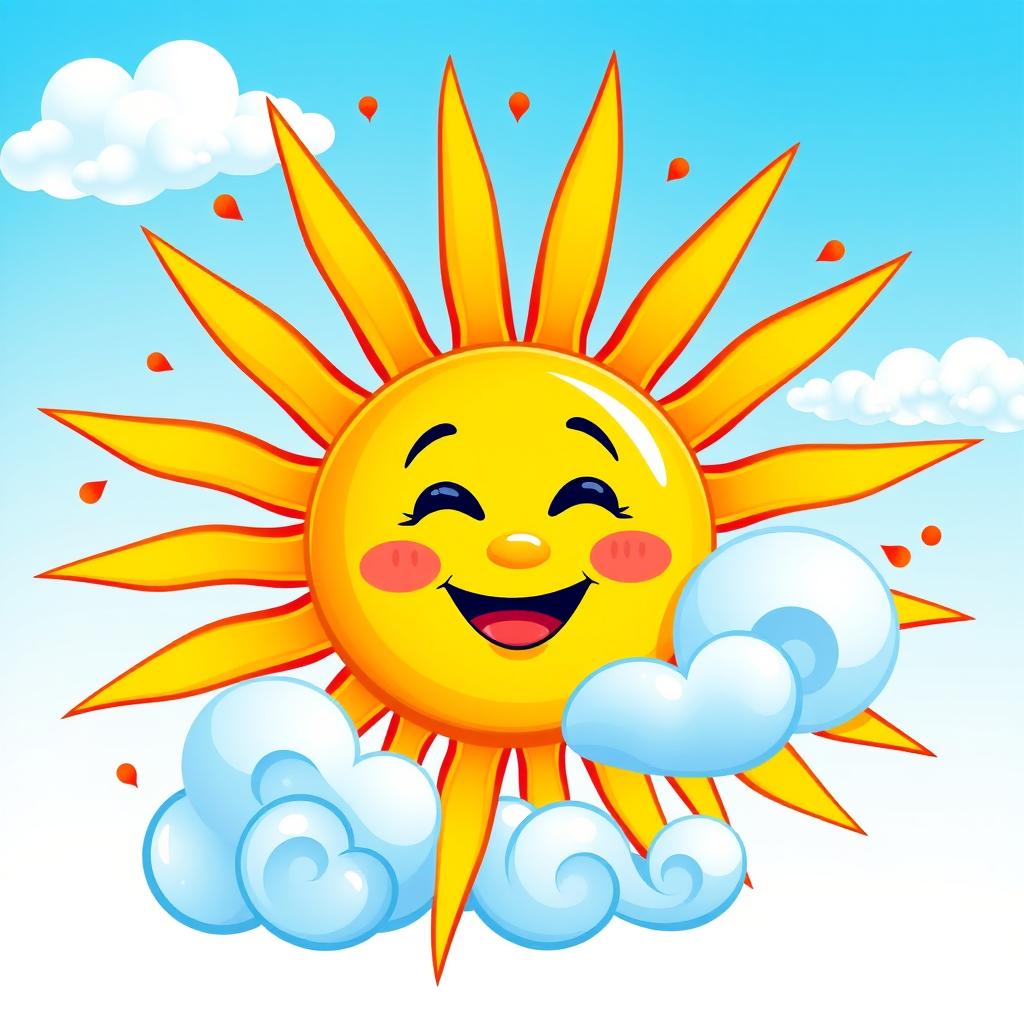 A vibrant and colorful vector artwork of the sun, featuring radiant sunrays in a bright yellow and orange gradient with splashes of red at the tips