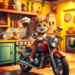 A whimsical scene featuring a cartoon cat happily cooking in a colorful kitchen, wearing a chef's hat and apron, smiling brightly