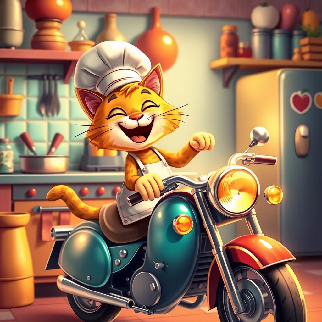 A whimsical scene featuring a cartoon cat happily cooking in a colorful kitchen, wearing a chef's hat and apron, smiling brightly