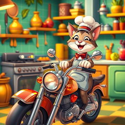 A whimsical scene featuring a cartoon cat happily cooking in a colorful kitchen, wearing a chef's hat and apron, smiling brightly