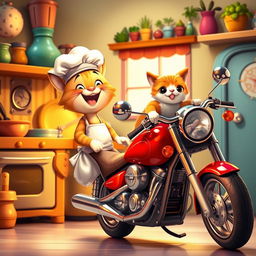 A whimsical scene featuring a cartoon cat happily cooking in a colorful kitchen, wearing a chef's hat and apron, smiling brightly