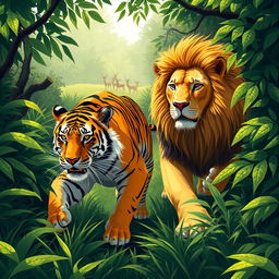 A captivating scene of a tiger and a lion hunting together in perfect harmony within a lush jungle